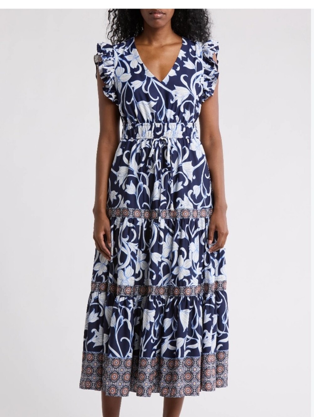 Anne Klein NWT $149 Navy Floral Tiered Maxi Dress Small Ruffle Sleeve Boho